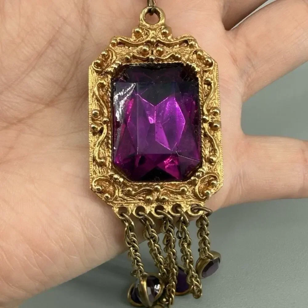 Vintage Purple Faux Gem Brooch Gold Tone Victorian Revival Purple Tassel Dangle